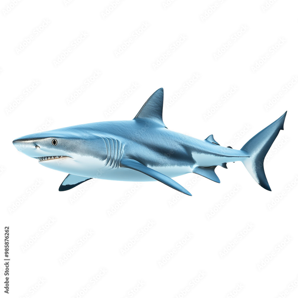Obraz premium A sleek shark, swimming underwater, dynamic 3D render, cool blue-grey tones, isolated on white background. 