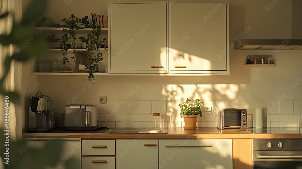 Sunlight streaming through a window illuminates a clean and modern kitchen interior featuring houseplants and wooden countertops Sunlight streaming through a window illuminates a clean and modern kitchen interior featuring houseplants and wooden countertops
