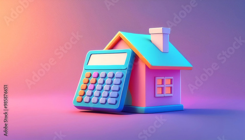 Colorful house model with a calculator, representing real estate finance and home calculations.