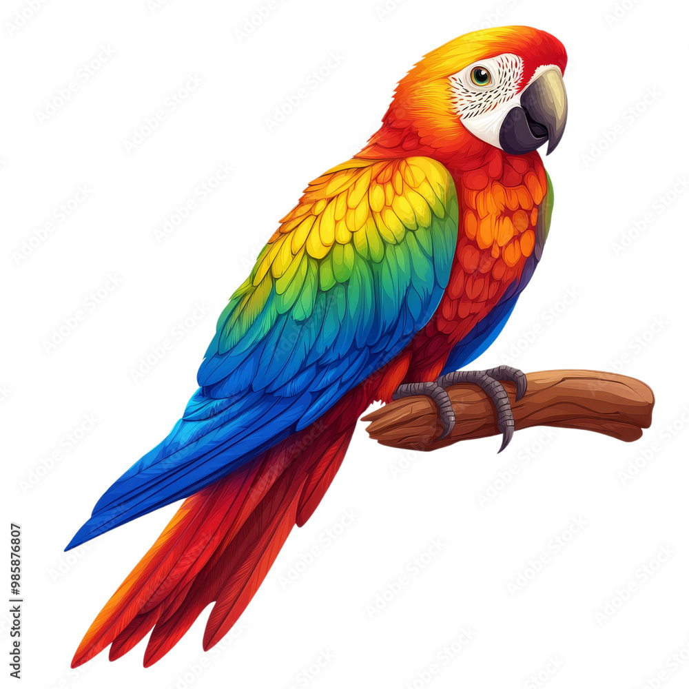 A tropical parrot, perched on a branch, stylized cartoon, vibrant rainbow colors, isolated on white background. A tropical parrot, perched on a branch, stylized cartoon, vibrant rainbow colors, isolated on white background.