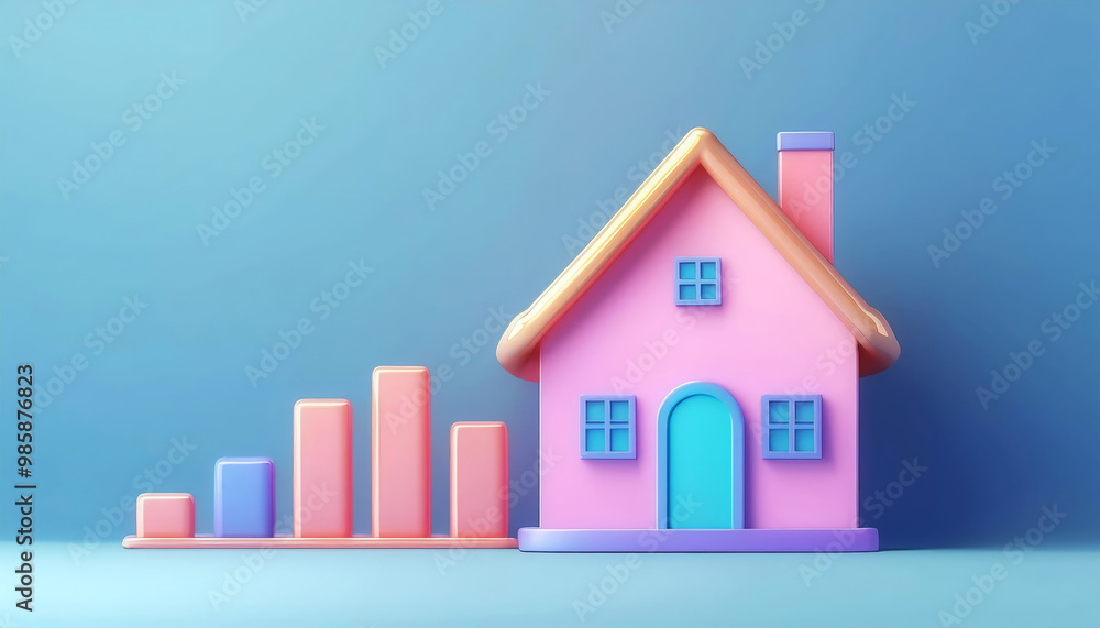 Colorful 3D house model with upward graph, representing real estate growth and investment. Colorful 3D house model with upward graph, representing real estate growth and investment.