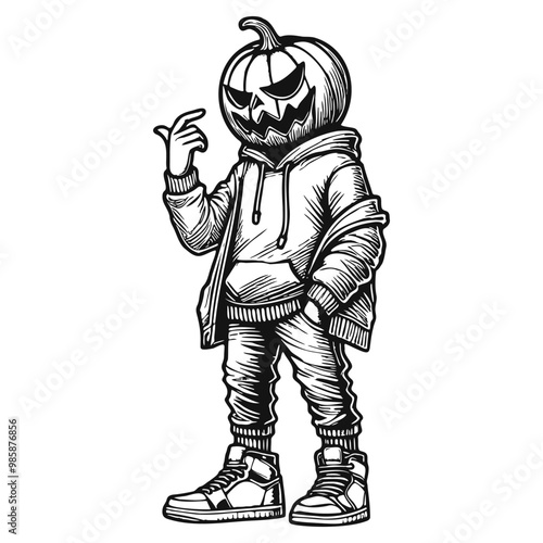 Hipster Jack-o'-Lantern in Hoodie Line Art - Halloween Character Vector Illustration with Urban Style, Streetwear Vibes, Dynamic Pose, Isolated on White Background, Vibrant and Modern Design	