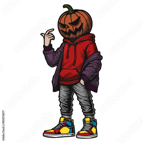 Colorful Hipster Jack-o'-Lantern in Hoodie Line Art - Halloween Character Vector Illustration with Urban Style, Streetwear Vibes, Dynamic Pose, Isolated on White Background, Vibrant and Modern Design	