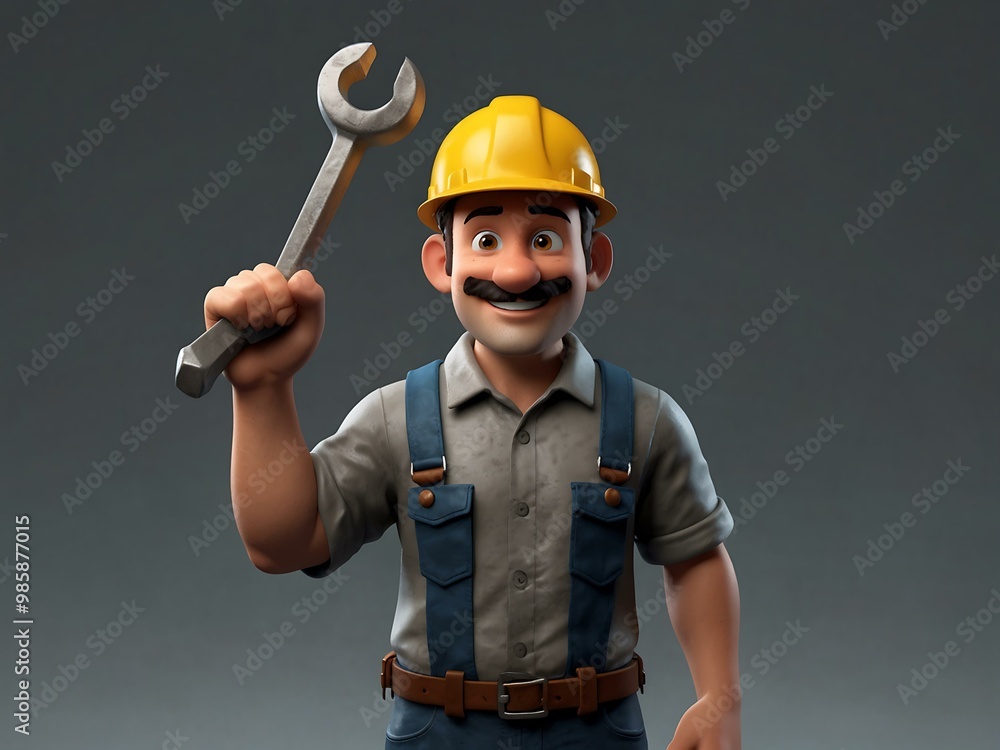 3D mechanic holding a crank, standing with one hand raised. 3D mechanic holding a crank, standing with one hand raised.