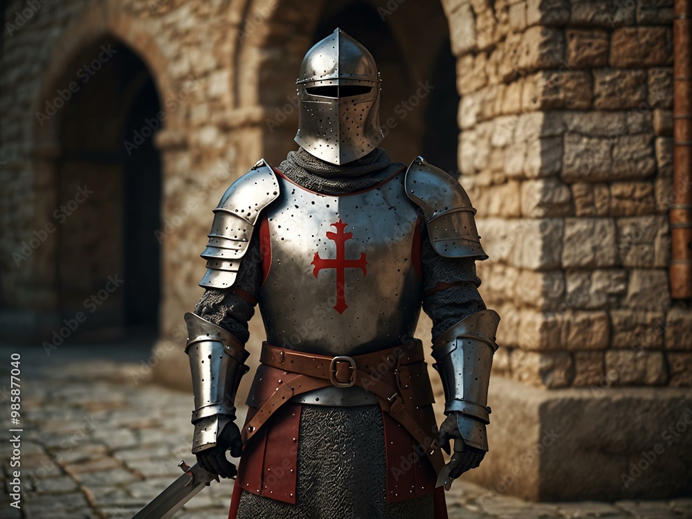 3D medieval crusader in full plate armor with sword. 3D medieval crusader in full plate armor with sword.