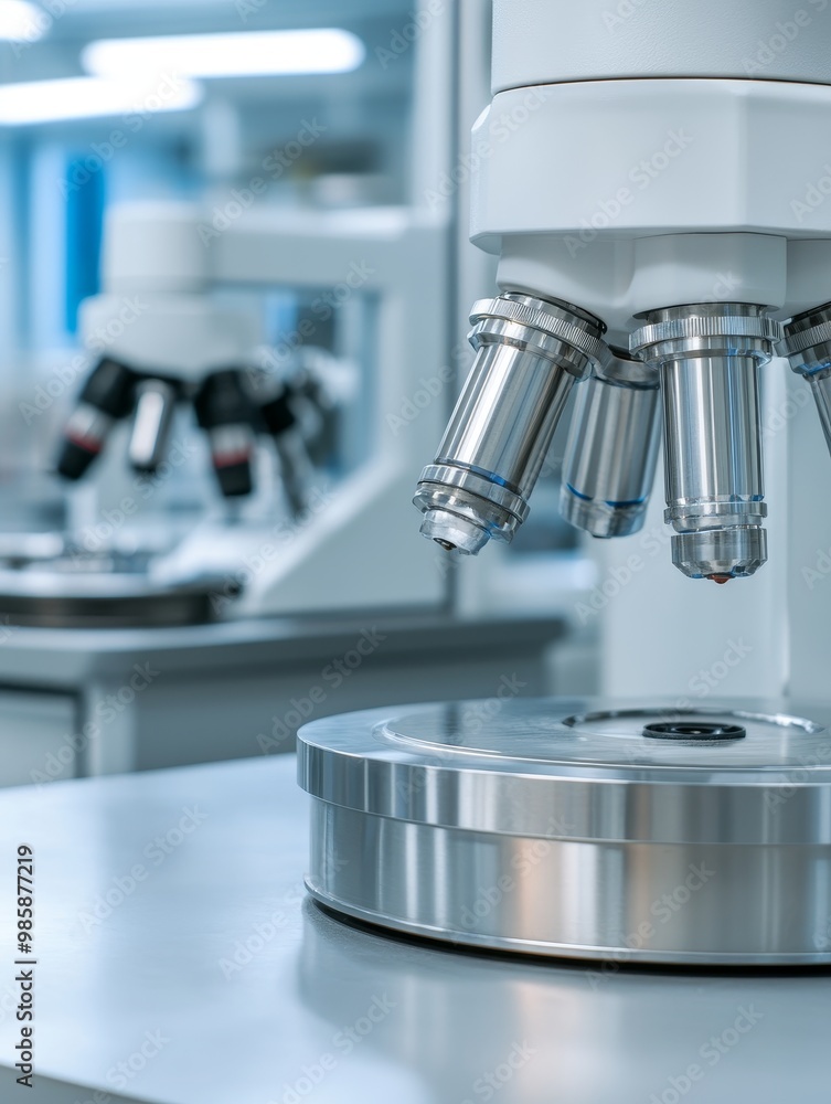 A close-up of a modern microscope in a sterile biotech lab, showcasing precision, technology, and innovation in scientific research. A close-up of a modern microscope in a sterile biotech lab, showcasing precision, technology, and innovation in scientific research.