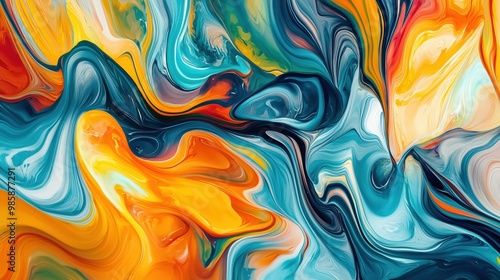 Arte fluida astratta, onde colorate vorticose, tavolozza di colori vibranti con blu, gialli, arance e rossi, transizioni di fusione fluide, forme fluide organiche, composizione panoramica, pittura dig