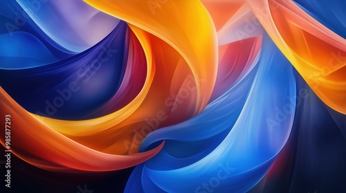 Una tela astratta di nastri fluenti di colore, principalmente blu, arancione e giallo, che formano curve morbide.