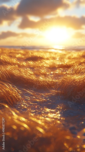 Golden sunset reflecting on a field of tall grass.