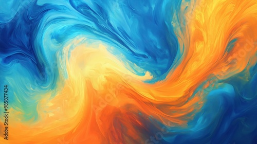 Un dipinto digitale di colori vorticosi, vivaci sfumature di blu, arancione e giallo, che scorre come liquido sulla tela. I colori si intrecciano senza intoppi, creando un senso di movimento.
