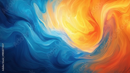 Un dipinto digitale di colori vorticosi, vivaci sfumature di blu, arancione e giallo, che scorre come liquido sulla tela.