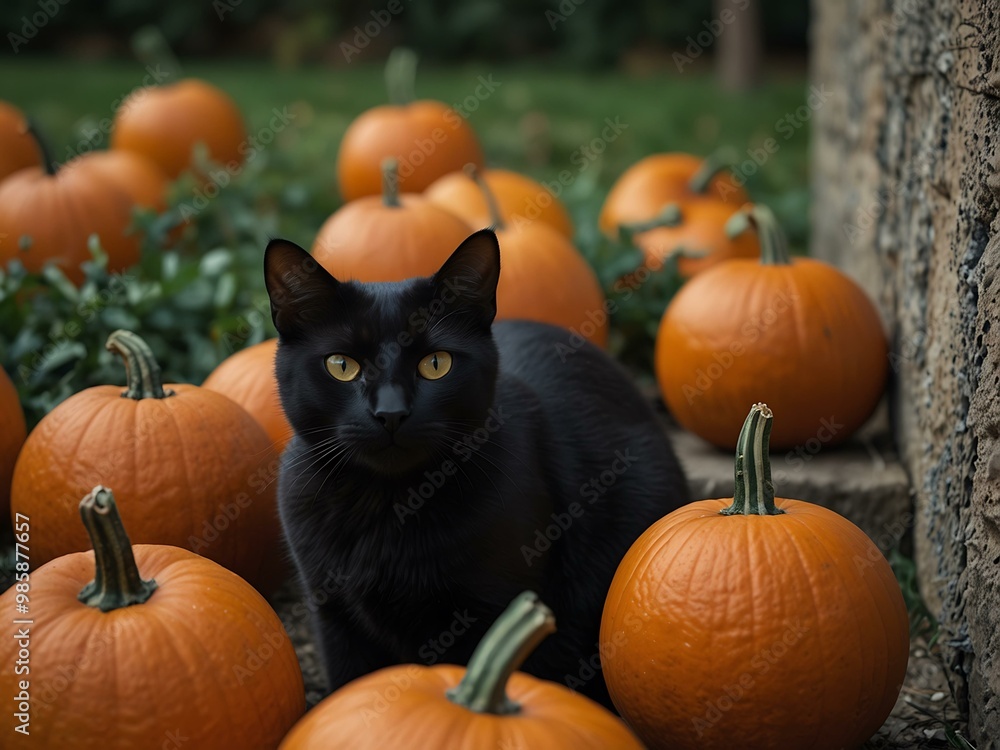 A black cat in front of a group of pumpkins. A black cat in front of a group of pumpkins.