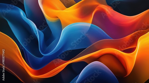 Una tela astratta di nastri fluenti di colore, principalmente blu, arancione e giallo, che formano curve morbide. Lo sfondo è scuro, creando contrasto con le tonalità vivaci, illuminate da bordi lumin