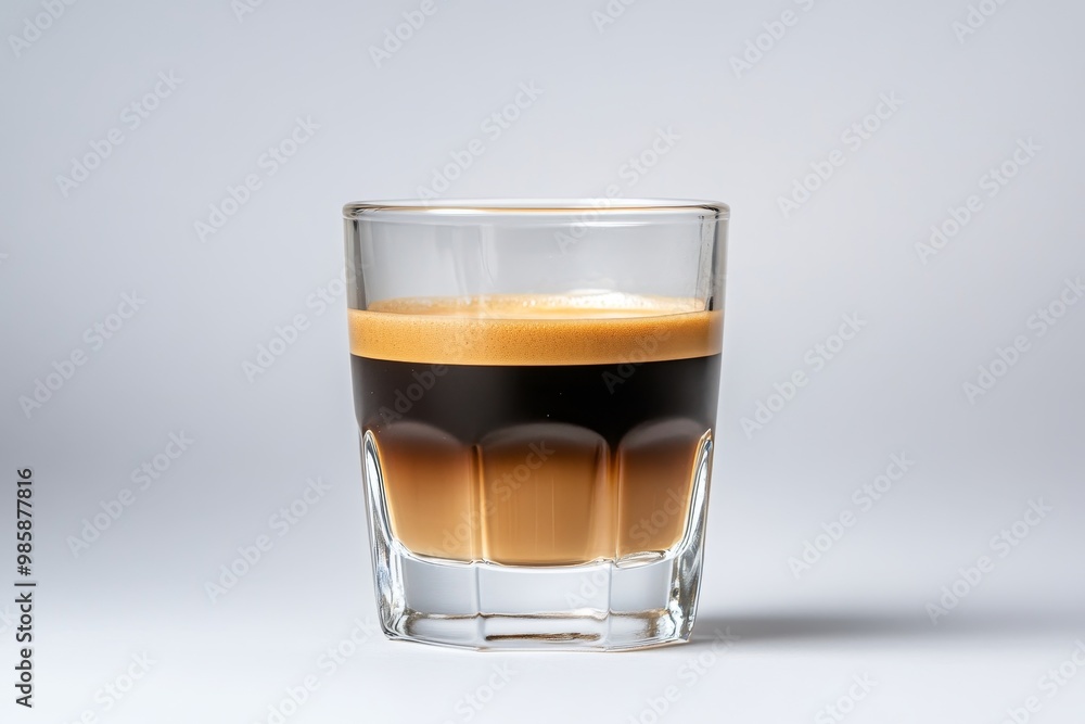 A close-up shot of a single serving of espresso in a clear glass with a swirl pattern on the bottom. The espresso has a thick layer of crema and is sitting on a white background. A close-up shot of a single serving of espresso in a clear glass with a swirl pattern on the bottom. The espresso has a thick layer of crema and is sitting on a white background.