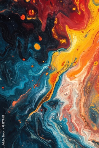 Strati di colori vorticosi, prevalentemente rosso, blu e giallo, che interagiscono come onde nell'oceano, creando un senso di movimento fluido.