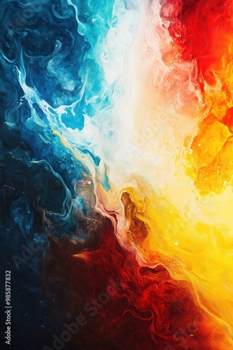 Strati di colori vorticosi, prevalentemente rosso, blu e giallo, che interagiscono come onde nell'oceano, creando un senso di movimento fluido.