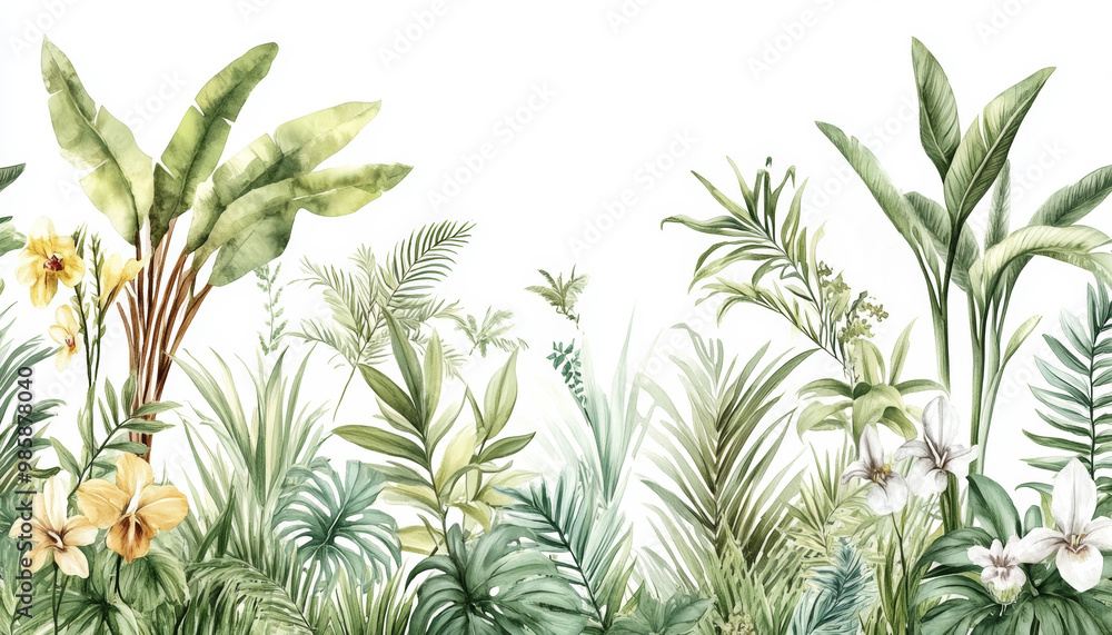 Fototapeta premium Tropical plants and flowers create a lush display of vibrant greenery and delicate blooms, emphasizing nature's beauty and diversity