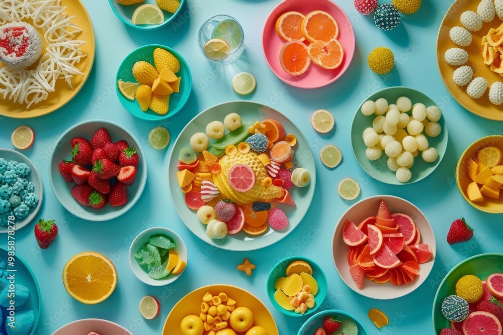 A vibrant display of various fruits and sweets arranged beautifully A vibrant display of various fruits and sweets arranged beautifully