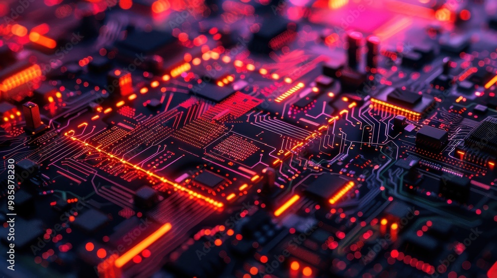 Glowing Circuit Board with Red LED Lights Glowing Circuit Board with Red LED Lights