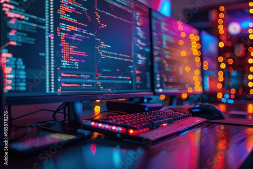 Colorful coding workspace with multiple monitors