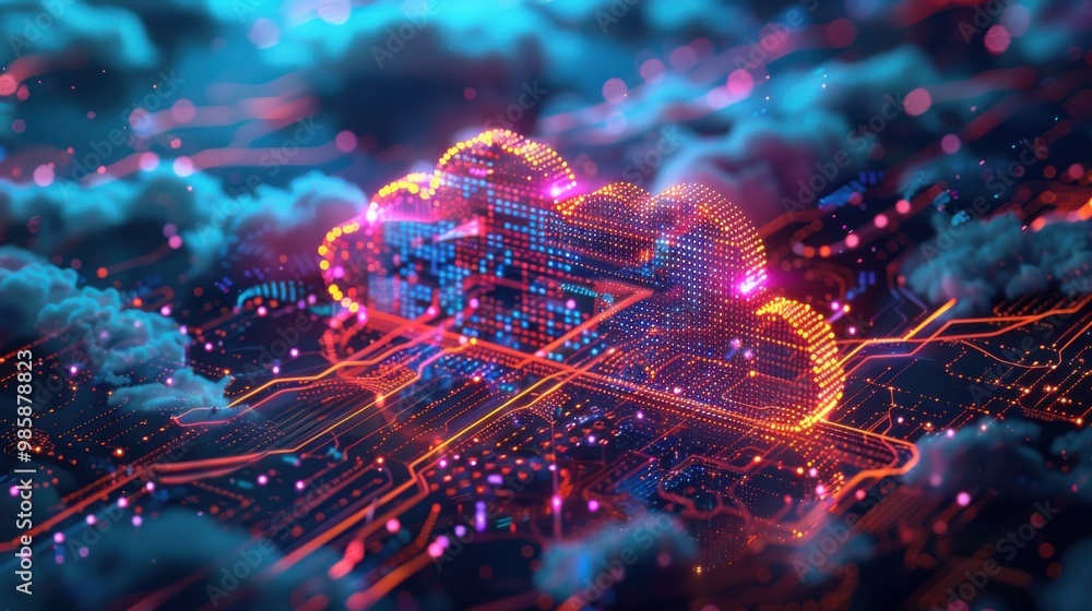 Futuristic digital cloud with glowing data pathways