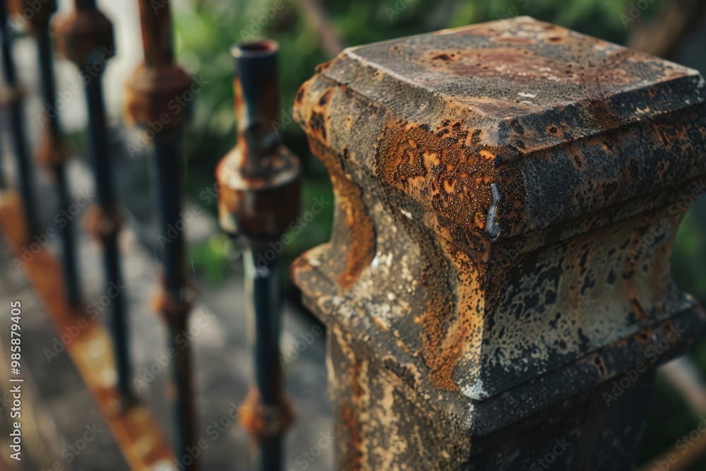 A corroded metal fence detail surrounded by vibrant greenery