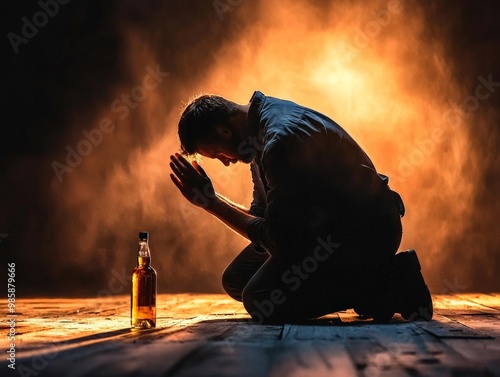 A person kneeling in prayer with a bottle of alcohol next to them, representing the conflict between faith and addiction