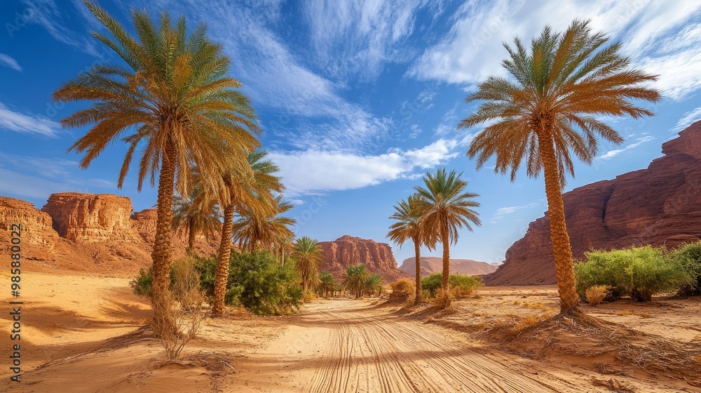 At Alula Oasis, Alula, Kingdom of Saudi Arabia, palm trees line the Heritage Trail. At Alula Oasis, Alula, Kingdom of Saudi Arabia, palm trees line the Heritage Trail.
