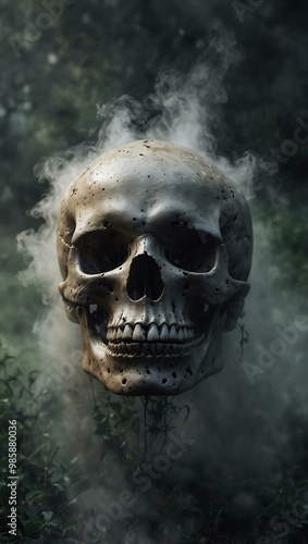 A skull emerging from the mist, symbolizing life and death in nature.