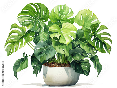 Attractive Zamioculcas Zamiifolia plant in the pot watercolor on a white background
