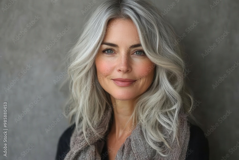 elegant middleaged woman with confident smile styled silver hair and chic attire posing gracefully against neutral studio backdrop elegant middleaged woman with confident smile styled silver hair and chic attire posing gracefully against neutral studio backdrop
