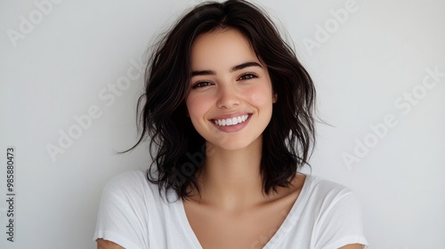 Joyful European-American A 28-year-old model is shot in a professional studio environment with a white backdrop, sporting a black hairstyle, dark brown eyes, and a white v-neck t-shirt.