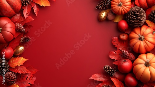 autumn banner with fallen maple leaves and pumpkins on red background