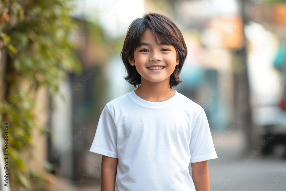 close-up of happy asian child boy wearing white, blank t-shirt mockup against street background close-up of happy asian child boy wearing white, blank t-shirt mockup against street background