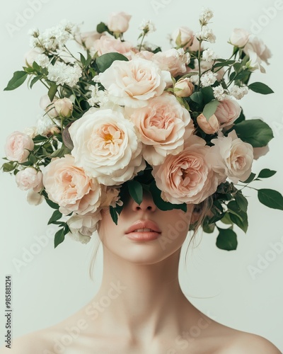 Wallpaper Mural A beautiful woman adorned with a large, intricate floral headpiece of pastel roses and greenery, representing natural beauty and elegance in a minimalist setting. Torontodigital.ca