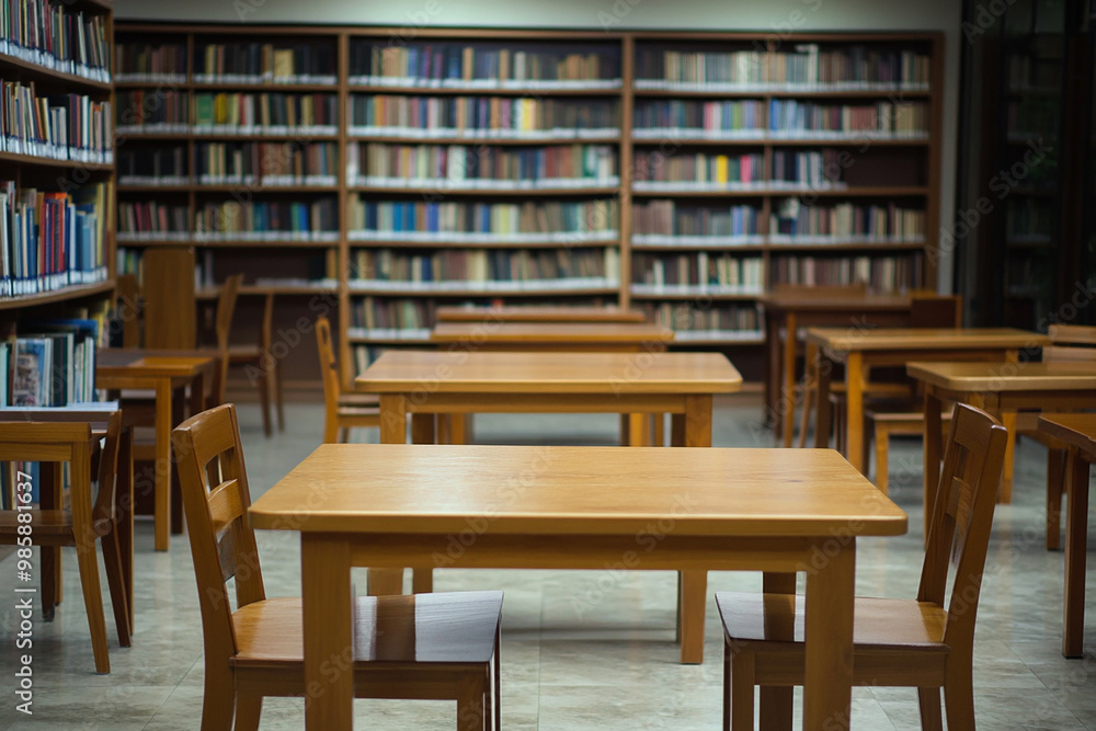 a empty library with table , chairs and books with isolated background generated by AI a empty library with table , chairs and books with isolated background generated by AI