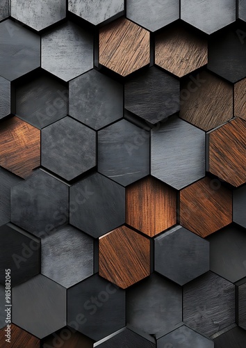 A close-up shot of a wall with black and brown hexagonal tiles arranged in a pattern.