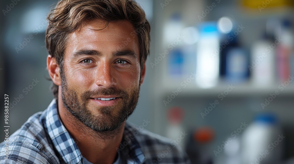 Fototapeta premium Confident Man Smiling in Workshop Setting