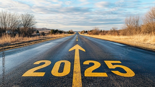 A long, empty asphalt road leads into the distance, with the yellow numbers "2025" written on it and an arrow pointing forward 