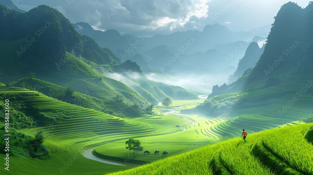 Fototapeta premium Wideangle view of a rice terrace in Vietnam with bright green fields cascading down hillsides and farmers working in the distance