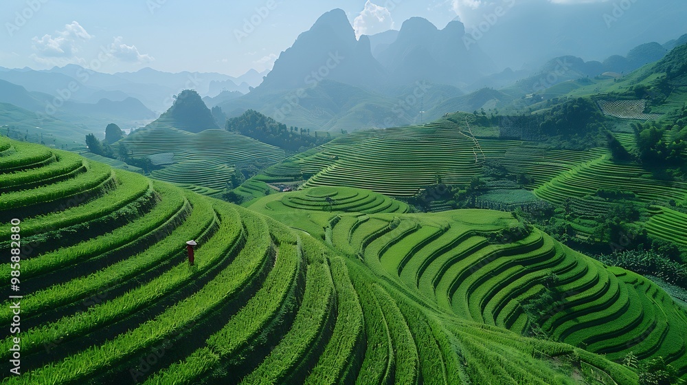 Wideangle view of a rice terrace in Vietnam with bright green fields cascading down hillsides and farmers working in the distance Wideangle view of a rice terrace in Vietnam with bright green fields cascading down hillsides and farmers working in the distance