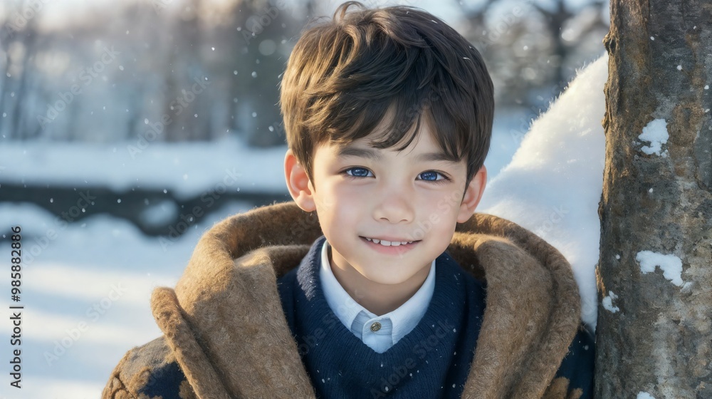 雪の中で微笑む男の子/Smiling boy in the snow	