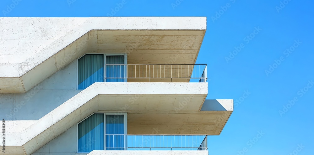 Fototapeta premium Minimalist exterior of a modern building with a concrete wall and balconies against a blue sky.