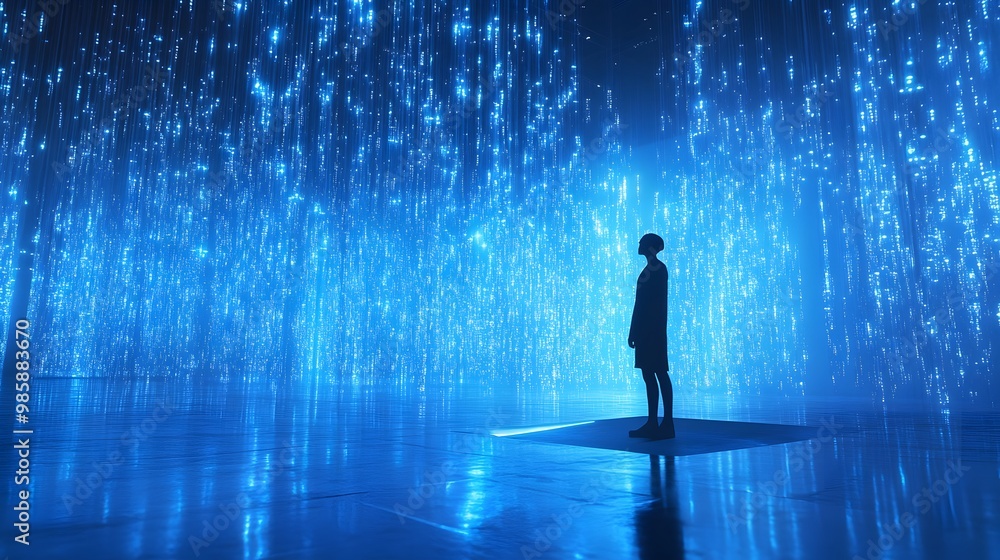 A Silhouette of a Person Standing in a Blue, Sparkling, Abstract Room A Silhouette of a Person Standing in a Blue, Sparkling, Abstract Room