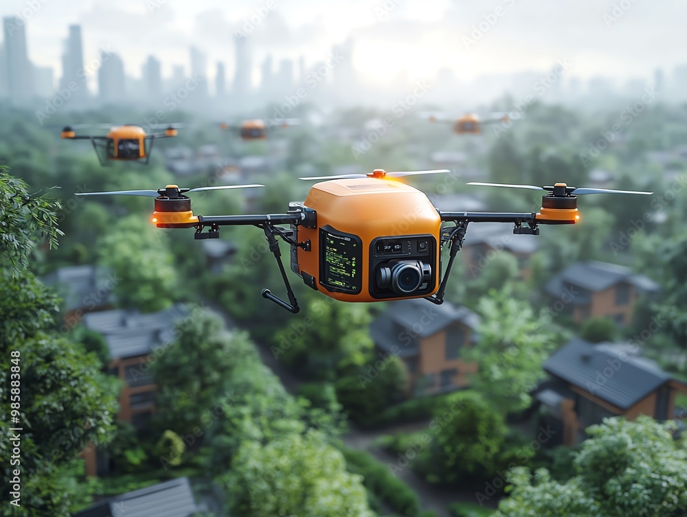 Delivery drones flying over rural farmland, delivering packages to remote areas The cuttingedge logistics solution reflects the increasing use of drones in delivery services Delivery drones flying over rural farmland, delivering packages to remote areas The cuttingedge logistics solution reflects the increasing use of drones in delivery services