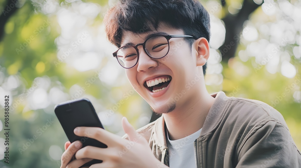 Young man laughs while looking at his phone. Young man laughs while looking at his phone.