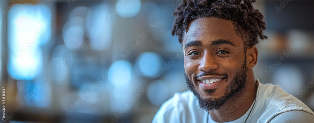Smiling man in casual setting with blurred background Smiling man in casual setting with blurred background