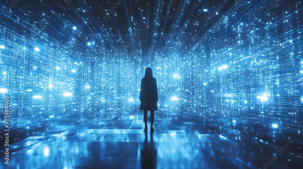 A Silhouette of a Person Standing in a Blue, Glittering Room A Silhouette of a Person Standing in a Blue, Glittering Room