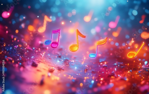 Neoncolored musical notes floating in the air, symbolizing the harmonious connection between music and imagination photo