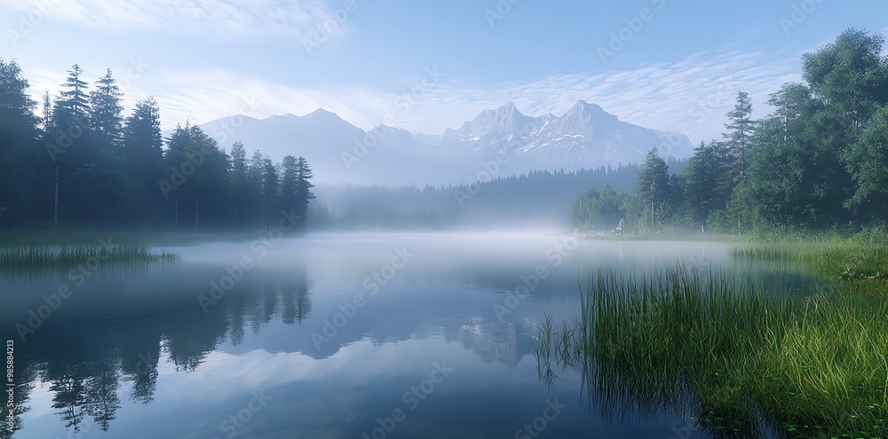 Fototapeta premium Misty morning with mountains reflected in the water of a still lake.